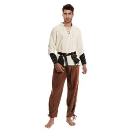 7 Pcs Men's Renaissance Costume Medieval Pirate Shirt Ankle Banded Pants Viking Costume Accessories Set (Red, Medium)