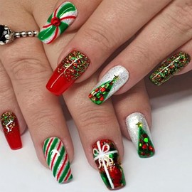 Christmas Press On Nails Medium, Christmas Nails Glue On, 24Pcs Christmas Fake Nails With Glue, Christmas Nails Press On With Red and White Stripes Snowflake Design，Stick On Nails for Women