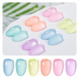 RARJSM Pastel Stained Glass Gel Nail Polish Set 6pcs Clear Orange Yellow Blue Pink Purple Crytal Transparent Jelly Series Sheer Amber Gel Varnish LED UV Curing Requires Spring Easter French Manicure