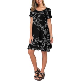REGAI Womens Summer Dresses Casual Loose Tshirt Crew Neck Floral Short Sleeve Flowy Pockets Sundresses, Floral Black, M