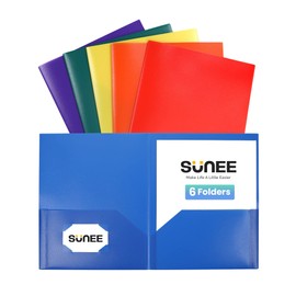 SUNEE Folders with Pockets (6 Pack, Assorted Colors), Plastic Folders with Pocket, Poly Folder for Documents Letter Size, 2 Pocket Folder for Kids, Home, School, Office