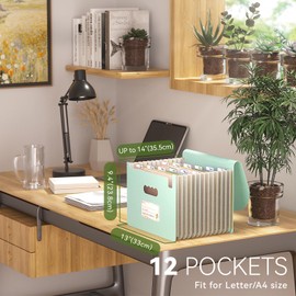 Accordion File Organizer, 12 Pockets Wheat Straw Expanding File Folder, Portable Monthly Paper Bill Tax Receipt Organizer, Letter A4 Size Document Holder，Green Office with Colorful Tab，Mint Green