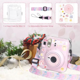 La Carcasa Protectora De La Cmara para Instax Mini 12 Es Adecuada Para Fujifilm para Instax Mini 12 Fotos Con Pegatinas De Cuerda De Correa De Carcasa Transparente (Rosa)