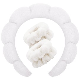MKUCCD 3Pcs White Sponge Spa Headbands & Wristband Set,Puffy Makeup Headband Set for Washing Face,Soft Towel Skin Care Head Band,Cute Hair Band Shower Padded Headwear Non Slip Thick Hair Accessory