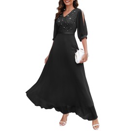 Wedtrend Evening Dress, Elegant for Wedding, V-Neck Chiffon Cocktail Dress, Women's Long Prom Dress with Split Sleeves, Half Sleeve Lace Dress with Sequins, black