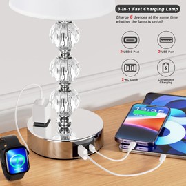 Bedside Lamps for bedrooms Set of 2 Nightstand - Crystal Table Lamps with USB C Charging Ports and AC Outlet, 3 Way Dimmable Touch Control Silver Small Bed Side Table Lamp for Living Room/Guest Room