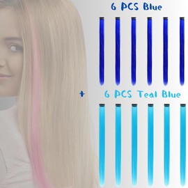 REDMENCO 12 Pieces Blue and Teal Blue Hair Extensions Clip in for Kids Girls, 22Inch Long Straight Colored Heat Resistant Synthetic, Streak Extension Clips Ins Play Highlights