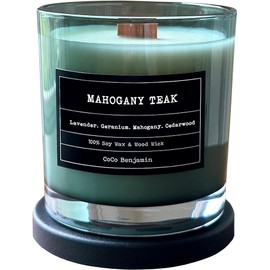 CoCo Benjamin (Mahogany Teak) 100% Soy, Highly Scented, Wooden Wick, Hand Poured Soy Candle, 8 oz,