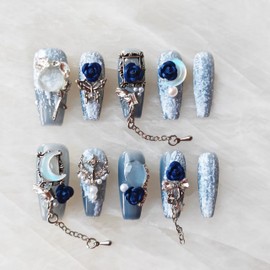 GLORS Handmade Press On Nails, 3D Blue Rose Design with Moon Charms, Long Coffin Style, 10 Pieces (XS, LC)