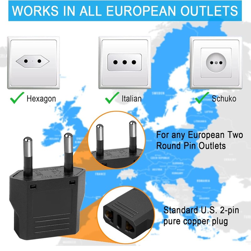 Songholee 6 Pack European Plug Adapter, US to Europe Type