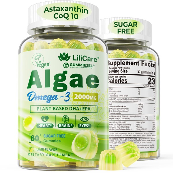 LILICARE Vegan Omega 3 Supplement Gummies 1100mg, Algae DHA 640mg