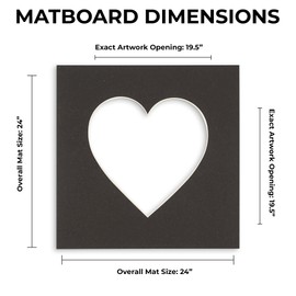 24x24 Mat Bevel Cut for 20x20 Photos - Precut Steel Blue Heart Shaped Photo Mat Board Opening - Acid Free Matte to Protect Your Pictures - Bevel Cut for Family Photos, Pack of 1 Matboard Show Kit With
