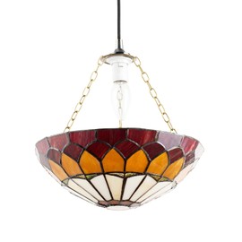 Traditional and Classic Amber and Red Stained Glass Domed Tiffany Pendant Lamp Shade with Antique Brass Chain | 30cm x 9cm by Happy Homewares