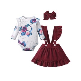 Infant Newborn Baby Girls Dress Clothes Toddler Ruffle Long Sleeve Romper Tops Suspender Skirt Headband Outfits Set Red 12-18 Months