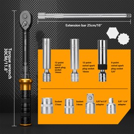 TAGVIT 3/8-Inch Drive Spark Plug Socket Set with Click Torque Wrench, 5-45 Ft.lb/6.8-61Nm Torque Wrench Set with Magnetic Swivel Spark Plug Socket(14mm/16mm/5/8-inch), 10" Extension Bar, Adapters