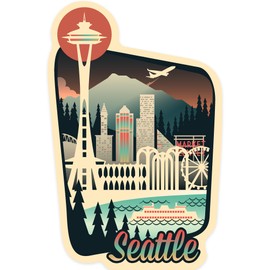 Die Cut Sticker Seattle, Washington, Retro Skyline Chromatic Series, Vinyl Sticker 3 to 6 inches, (Waterproof Decal for Cars, Water Bottles, Laptops, Coolers), Large