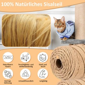 Etievort Sisal Rope for Scratching Post, 6 mm x 55 m Sisal Rope, Sisal Scratching Post Cord, Rope for Cats, Scratching Rope, Household, Garden, DIY Decoration, Natural Rope 6 mm