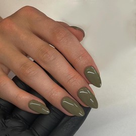 Olive Green Nails Press on, Winter Reusable Press on Nails Short Almond Shaped SXVME Glue on Nails Short Fake Nails, Best Thick Acrylic False Nails Glossy Solid Colored Stick on Nails for Women 30Pcs