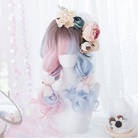 Wig, Lolita Harajuku Style, GAL Type, Costume, Gothic Lolita Wig, Heat Resistant, Left and Right Colors (Light Blue, Pink), Mesh, Long, Curly Hair, Forest Girl, Yume Cute, Princess, Small Face, Parties, Costume, Everyday Use, Wig, 21.3 inches (54 cm)