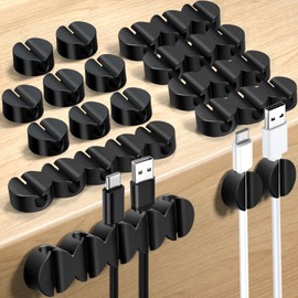 Gruoiz Cord Holder Cable Clips 16 Pack Black Self Adhesive Cord Clips Desk Wire Holder Cable Organizer Cord Management Cord Keepers for Charging Cords Wire Clips for Desk Home Office Car Nightstand
