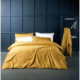 Solid Color Egyptian Cotton Duvet Cover Luxury Bedding Set High Thread Count Long Staple Sateen Weave Silky Soft Breathable Pima Quality Bed Linen (King, Mustard Yellow)