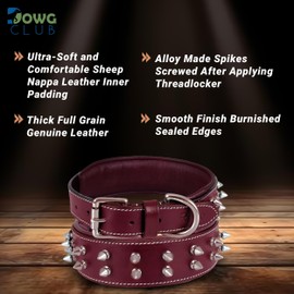 DowgClub | Genuine Leather Spike Dog Collar | Full Grain, Heavy Duty | Comfortable, Strong, Best for Medium, Large, XL Breeds | 1.75" Wide (M (Fit Neck 14.5"-18.5"), Cherry with Silver Spikes)