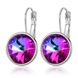 Austrian Crystals Round Drop Leverback Earrings for Women 14K Gold Plated Hypoallergenic Hoop Earrings (Heliotrope)