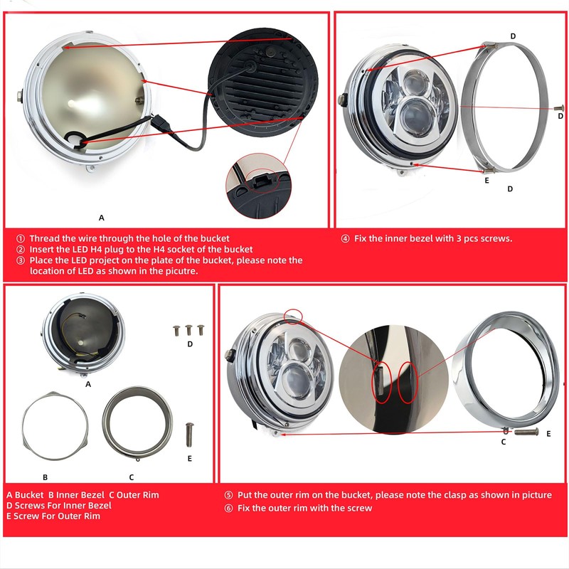 FATECIM Motorcycle 7" Round Headlight Bucket Housing with Visor 7