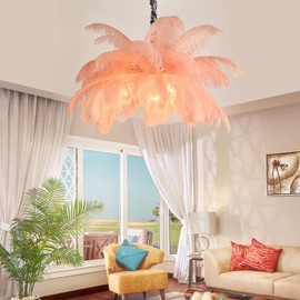 DHFHFMDCJDNN Modern Feather Chandelier for Bedroom, Pink Feather Ceiling Light Fixture with Ostrich Hair Lampshade, Pendant Lights for Living Room, Hotel, Corridor, Foyer
