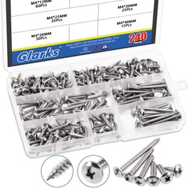 Glarks 240Pcs M4 x 12mm/16mm/20mm/25mm/30mm/40mm 304 Stainless Steel Phillips Truss Head Sheet Metal Tek Screws Assortment Kit, 6 Size Metric Pan Head Self Tapping Wood Screws Set