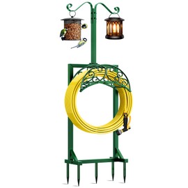 Jvgoo Garden Hose Holder - Upgraded Water Hose Holders for Outside with 5 Spikes & 2 Shepherds Hooks, Freestanding Hose Stand Hose Hanger Hose Storage Hose Reel Rack for Yard Lawn(Green)
