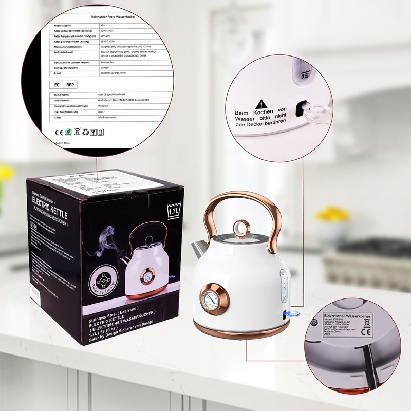 Retro Electric Kettle, 1.7L Stainless Steel Tea Kettle with Large