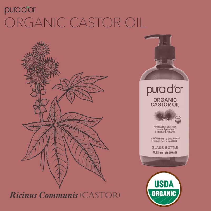 PURA D'OR 16.9 Oz ORGANIC Castor Oil (GLASS BOTTLE) 100%