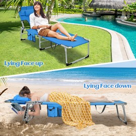 GYMAX Tanning Chair, Beach Lounge Chair with Face Hole, 5 Level Adjustable Backrest, Removable Pillow & Carry Handle, Adult Layout Sunbathing Chair for Outside Beach Poolside Lawn Patio (2, Blue)