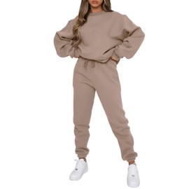 Viatabuna Women's 2 Piece Fleece Sweatsuit Outfit Long Sleeve Crewneck Pullover Sweatshirt Drawstring Jogger Pants Lounge Set