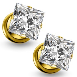 Ruifan Gauges For Ears ASTM F136 Titanium Square Clear CZ Single Flare Tapers Screw Tunnel Gauges Earrings Ear Expander Stretching Kit Plugs Piercing For Women Men 00G 14K Gold Filled