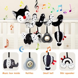 Kulveanju Spiral Pram Toys for Babies - Black and White Pushchair Stroller Car Seat Crib Toys for Baby Boys Girls 0 3 6 9 12 Months, Plush Activity Rattle Hanging Toy Sensory Gift for Newborn Infant