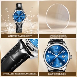 Taxau Women's Analogue Quartz Watch with Leather Strap - Classic Business Watch - Women's Watch with Date Waterproof - Leather Watch for Women, 8863-black band blue face
