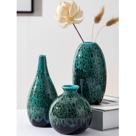 Set of 3, Decorative Ceramic Vases, Turquoise Blue Glazed Finish, Modern Vase for Home Decor for Wedding Dinner Table Party Living Room Office Bedroom