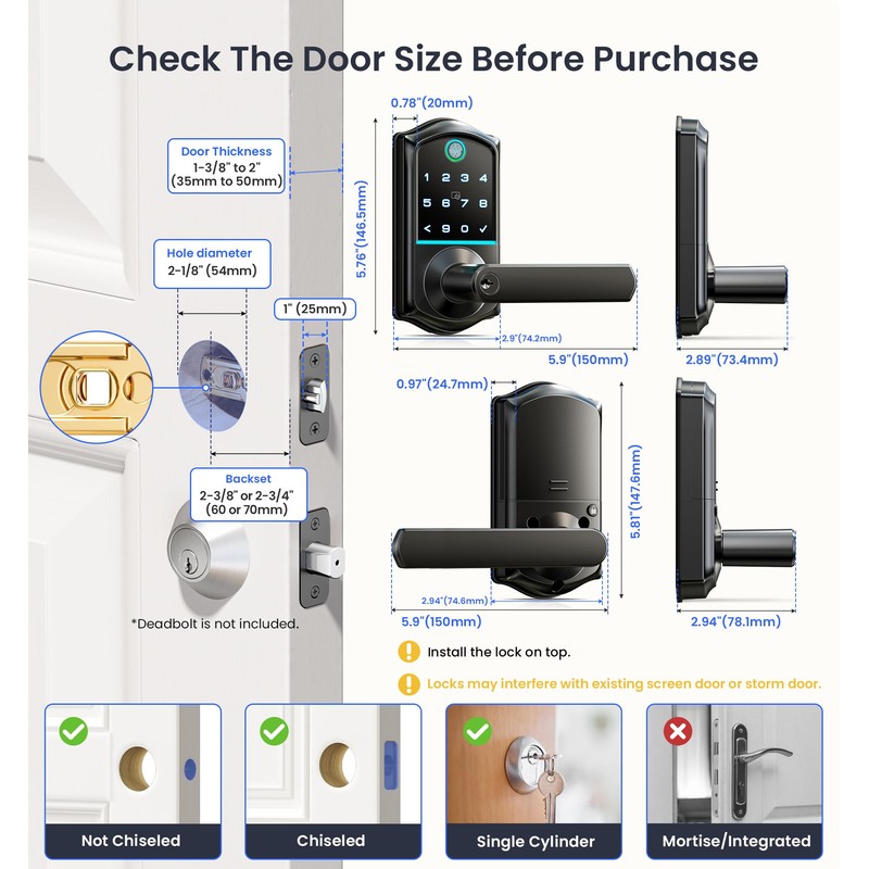Veise VE019 Fingerprint Smart Lever Lock - APP Control, Keypad