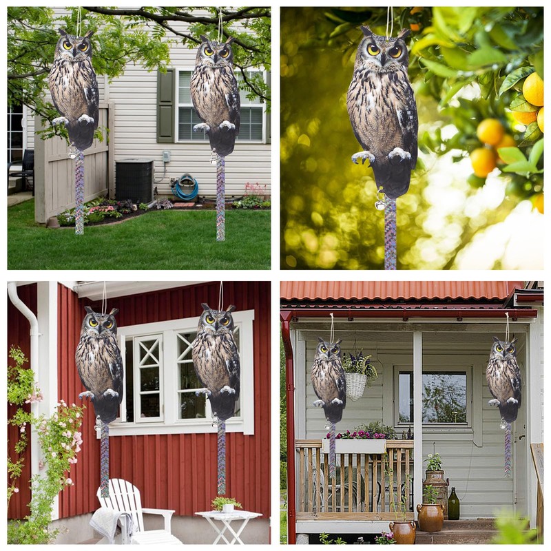 OffiCreative 2Pack Reflective Fake Owls Hanging Decoration Garden Owls Scarer