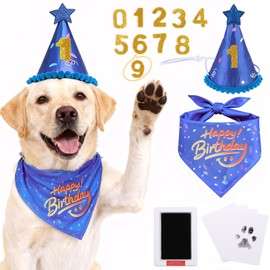 JZXOIVA Dog Birthday Party Supplies with Paw Print Kits, Dog Birthday Bandana Set, Cat Boy Girl Party Hat with Numbers for Large Medium Small Dogs, Adjustable Pet Anniversary Outfit, Blue