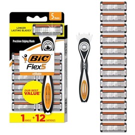 BIC Flex 5 Refillable Men's 5 Blade Razors, Holiday Grooming for a Smooth Shave, 1 Handle and 12 Cartridges-Pack, Stocking Stuffers