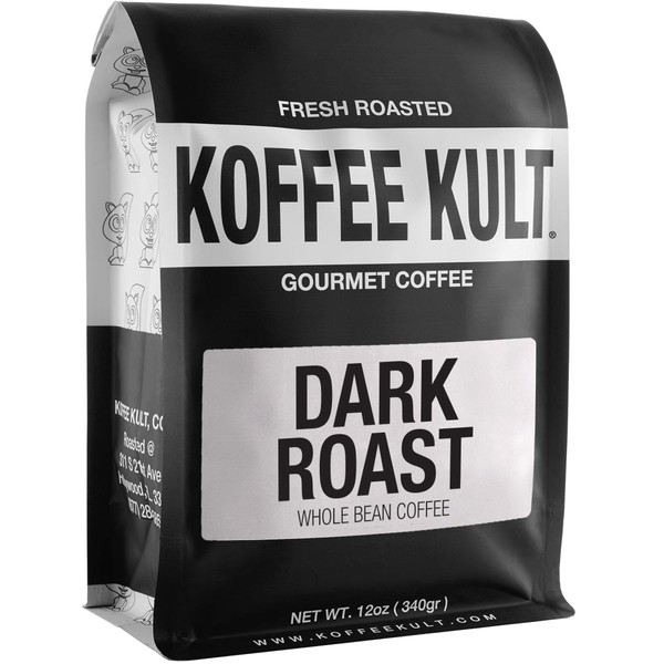 Koffee Kult Dark Roast Whole Bean Coffee - Small Batch Gourmet Aromatic Artisan Blend 100% Arabica Coffee Beans Organically Sourced (Dark Roast, 12oz)