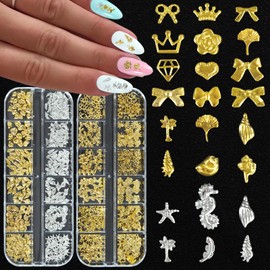 WOKOTO 2 Box Marine-Themed & Fashion-Shaped Nail Charms For Women Girls Nail Art Accessories With Rhinestone Picker Pencil Tools, Gold& Silver Summer 3d Conch Starfish Bows Crown Heart Nail Charms Set