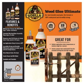 Gorilla Ultimate Waterproof Wood Glue, Natural Wood Color, 8 Ounce (Pack of 2) - Waterproof for Indoor or Outdoor Projects and Repairs