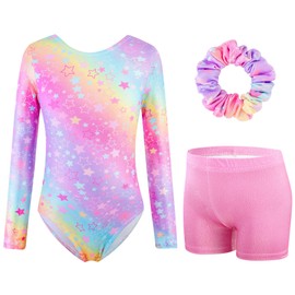 XiaoMoSha Gymnastics Leotards for Girls Long Sleeve with Shorts and Hairband Set Kids Leotards Sparking Ballet Dance Outfit Girl Unitards Gymnastics Outfits Tumbling Activewear Colourful Star Size 7-8