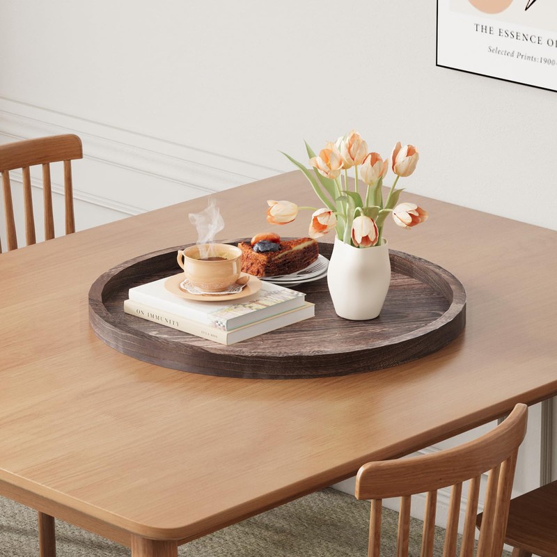 Round Ottoman Tray for Coffee Table Living Room Wood Serving