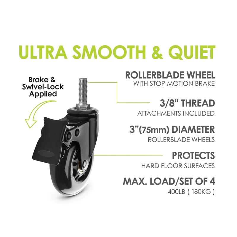 Slipstick 3 Inch Rubber Caster Wheels with Brake Locks (4