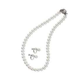 CRANES COLLECTION Natural High Quality Pearl, Shell Pearl, 0.3 inch (8 mm) Beads, Necklace, 2-piece Set, Case Included, Necklace size 40 cm, Natural Shell Pearl, Brass Rhodium Plated, Natural Shell